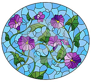 Stained glass illustration with  intertwined purple flowers and leaves on a blue background, oval image