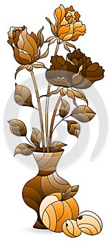 An illustration in a stained glass style with an isolated element, a bouquet of roses in a vase and fruit on a white background