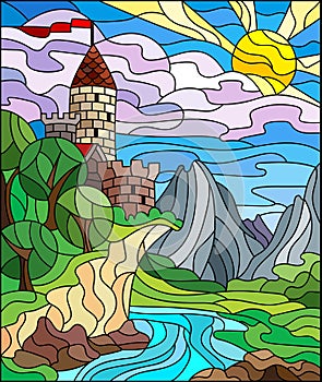 Sklo ilustrácie starý hrad na z rieka nebo obdĺžnikový obraz 