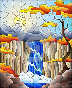 Stained glass illustration with landscape ,the tree on the background of a waterfall, mountains, sun and sky,autumn landscape