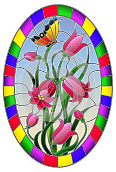 Stained glass illustration with leaves and bells flowers, pink flowers and butterfly on sky background in a bright frame , oval i