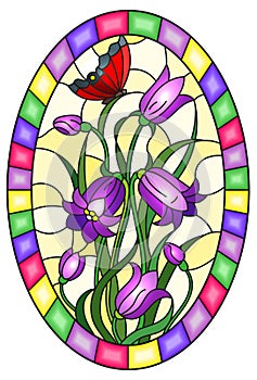 Stained glass illustration with leaves and bells flowers, purple flowers and red butterfly on yellow background in a bright fram