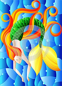 An illustration in stained glass style with mermaid with long red hair on water and air bubbles background
