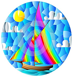 An illustration in stained glass style with an old ship sailing with rainbow sails against the sea and sun