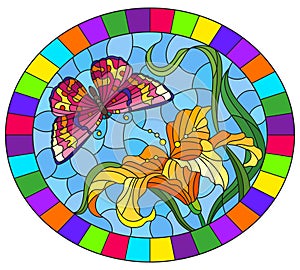 Stained glass illustration with  a orange Lily flower and a bright pink  butterfly on a blue sky background, ovql image in a brigh