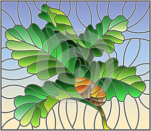 Stained glass illustration with a branch of oak leaves and acorns on a blue background