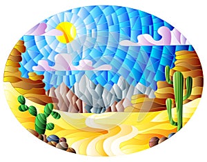 An illustration in stained glass style painting with desert landscape, cactus in a lbackground of dunes, sky and sun