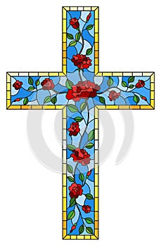Stained glass illustration on religious themes, stained glass window in the shape of a Christian cross decorated with red roses is