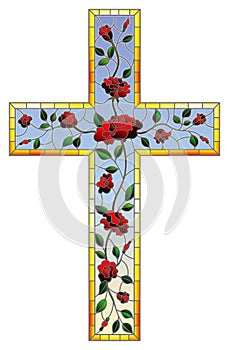 Stained glass illustration painting on religious themes, stained glass window in the shape of a Christian cross decorated with re