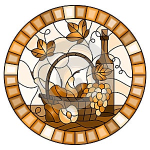 Stained glass illustration with  a still life, a bottle of wine,  and fruits on a light background,oval image in a frame, monochro