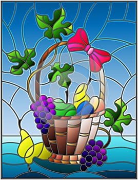 Stained glass illustration with a still life, fruit basket, and fruits on a blue background