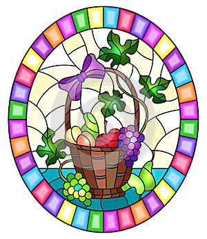 Stained glass illustration with  a still life, fruit basket,  and fruits on a yellow background, oval image in bright frame