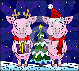 Stained glass illustration with a pair of cartoon pigs and a Christmas tree on a background of snow and starry sky