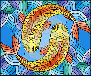 Stained glass illustration with a pair of gold fish on water background