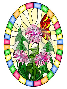 Stained glass illustration with pink flowers and red butterfly on a yellow background,oval image in bright frame