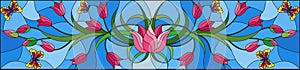 Stained glass illustration with pink tulips and butterflies on blue background, horizontal orientation