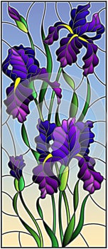 Stained glass illustration with purple bouquet of irises, flowers, buds and leaves on sky background