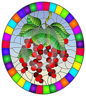 Stained glass illustration with  red currants, clusters of ripe berries and leaves on a blue background, oval image in bright fram