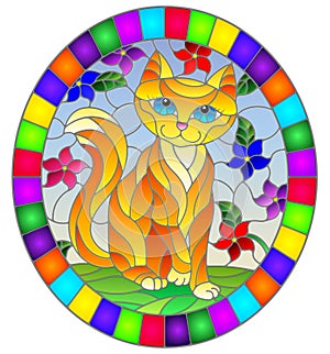 Stained glass illustration with  a   red  cute cat on a background of meadows, bright flowers and sky, oval image in bright frame