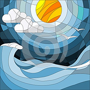 Illustration in stained glass style with sea landscape, sea, cloud, sky and sun.