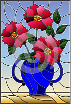 Stained glass illustration with still life, bouquet of pink flowers in a blue vase