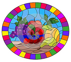 Stained glass illustration with  still life, fruits and berries in blue bowl, oval image in bright frame