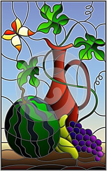 Stained glass illustration with still life, fruits, berries and pitcher on blue background