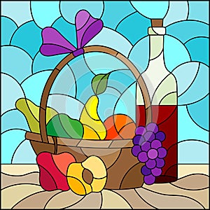 Illustration in Stained glass style with still life, wine bottle and fruit basket, square image