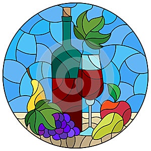 Illustration in the stained glass style with still life,wine bottle, glass and fruit, round image