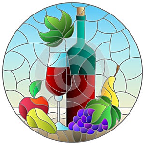 Illustration in the stained glass style with still life,wine bottle, glass and fruit, round image