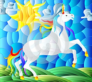 An illustration in stained glass style with white unicorn galloping on the green meadow on the background of sky and sun