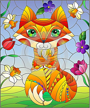 Sklo ilustrácie abstraktné roztomilý líška na z kvety nebo 
