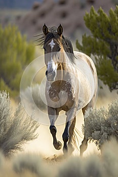 illustration, stallion walking towards the rival in the desert, ai generative