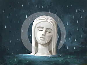 Illustration of a statue with a woman`s face standing in the water and crying in the rain. Suffering, pain of loneliness, grief,