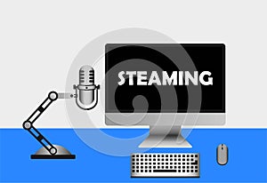 Illustration of steaming something games, radio, live broadcast, microphone, keyboard, mouse. Vector EPS10