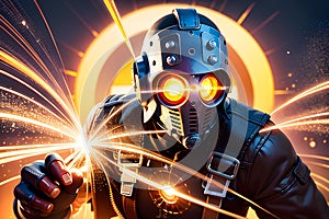 Illustration of steampunk, cyberpunk, futuristic welder, blacksmith robot