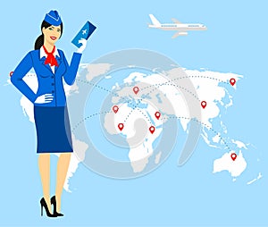 Illustration of a stewardess in blue uniform holding tickets in hand