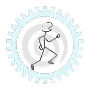 Illustration of a stick person running inside a blue gear on a white background