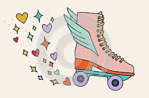 Illustration of a sticker from the 1970s set. Roller skate with wings. Bright memorable design.