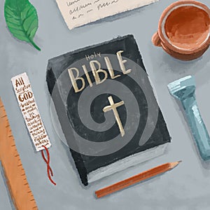 Illustration still life of Bible book, cup, bookmark,  torch