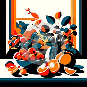 Illustration of a still life with a bowl of cherries and oranges AI Generated