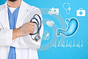 Illustration of stomach and mature doctor with stethoscope on light blue background, closeup