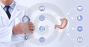 Illustration of stomach and senior doctor with stethoscope on light background. Banner design