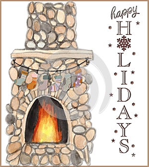 Illustration of a Stone fireplace with Christmas Stockings strung across it