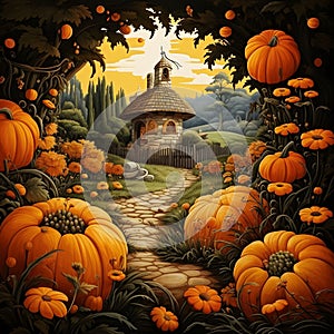 Illustration of stone tiny house around pumpkins, flowers, vegetation. Pumpkin as a dish of thanksgiving for the harvest