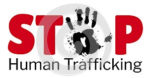 Illustration of stop human trafficking text with black handprint against white background