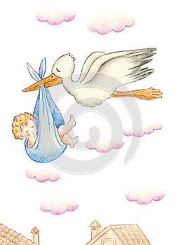 Illustration of a stork with newborn baby