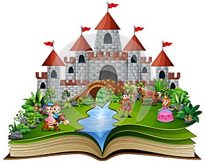 Story book with cartoon princesses and princes in front of a castle