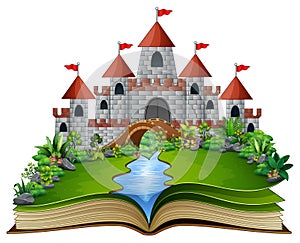 Story book with a castle and river in the green park