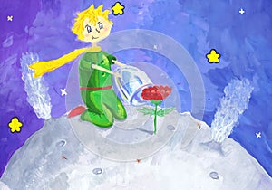 Illustration of the story-tale of Antoine de Saint-ExupÃ©ry `The Little Prince.` Children s drawing